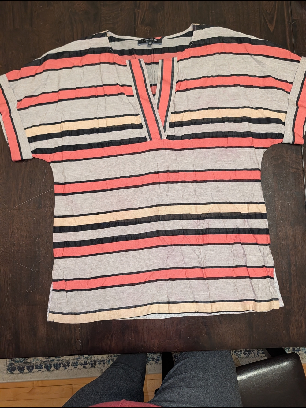 Lafayette 148 New York Women's M Coral Black Cream Stripe Blouse Light Summer